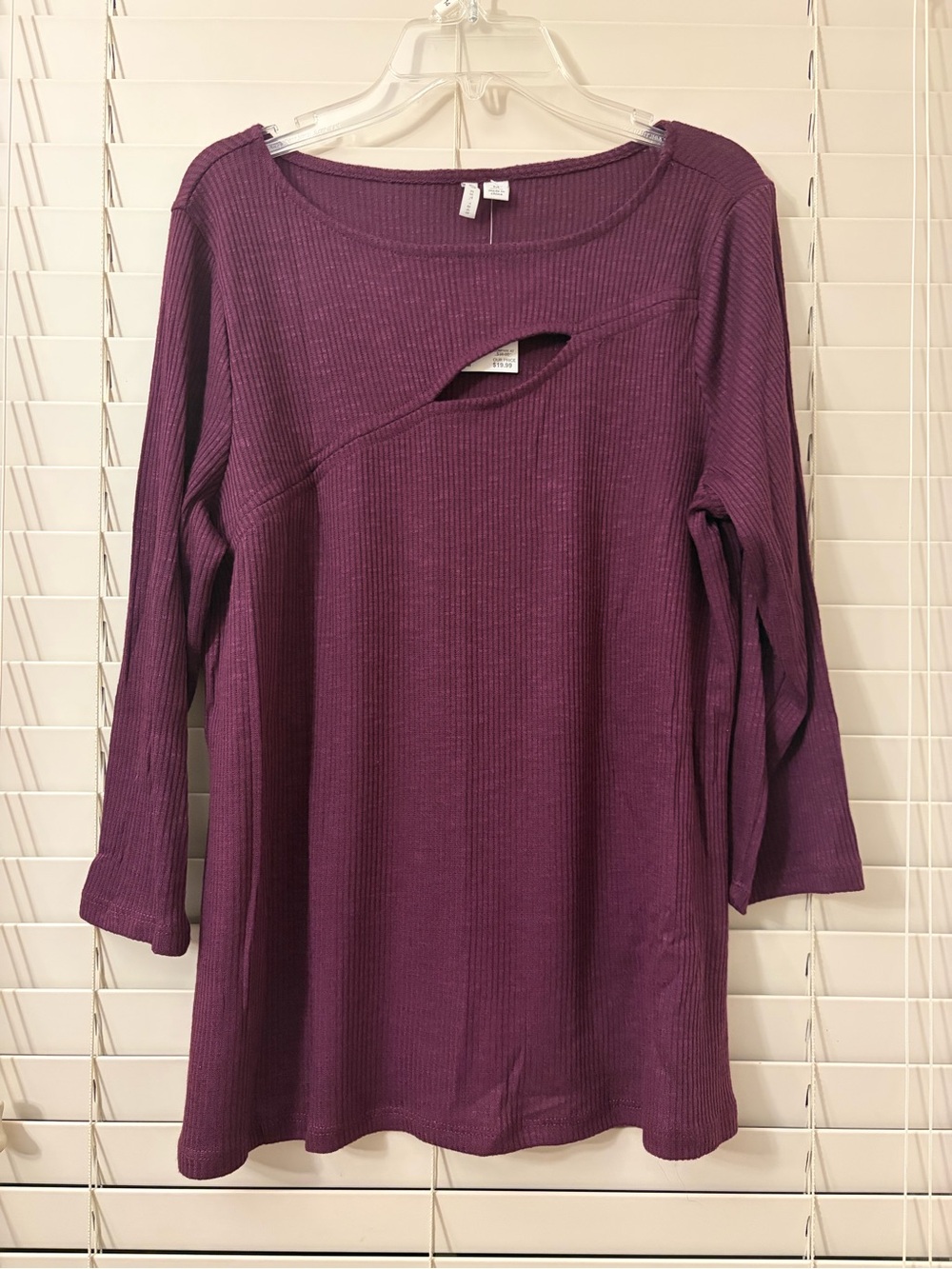 CATO Womens Medium Purple Ribbed Asymmetric Cutout Top 3/4 Sleeve Sweater Blouse